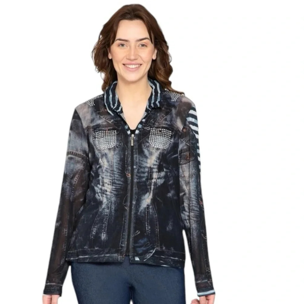 Damee Whimsigoth Mesh Denim Look Printed Rhinestones Semi Sheer Witchy Jacket *L